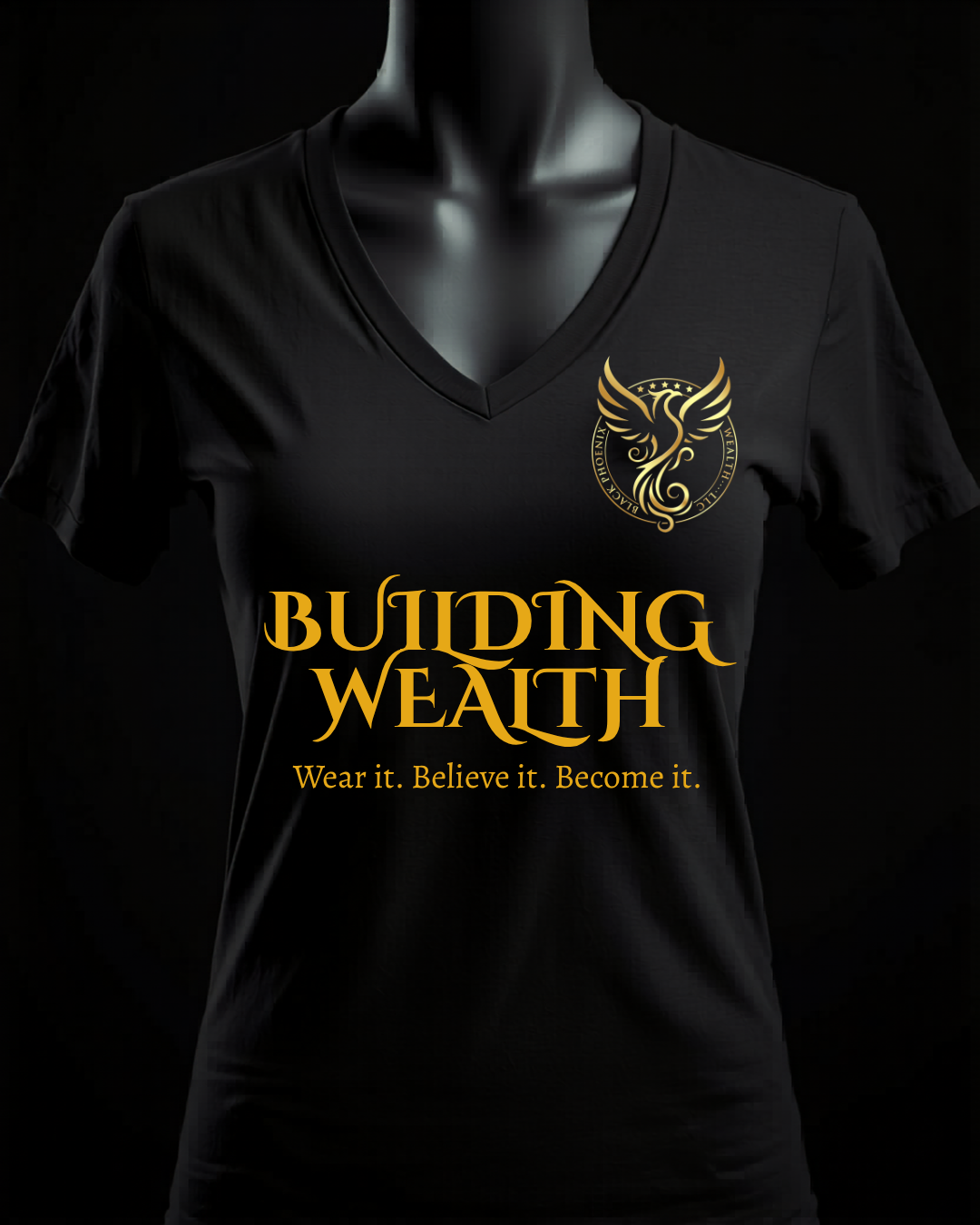 Building Wealth — Black V-Neck